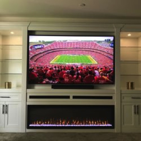 TV cabinet with glass shelves and electric fireplace